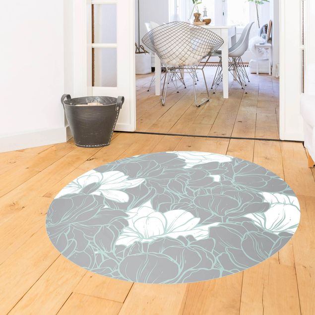 Moderne Teppiche Magnolien Blütenmeer Weiß Grau Mint
