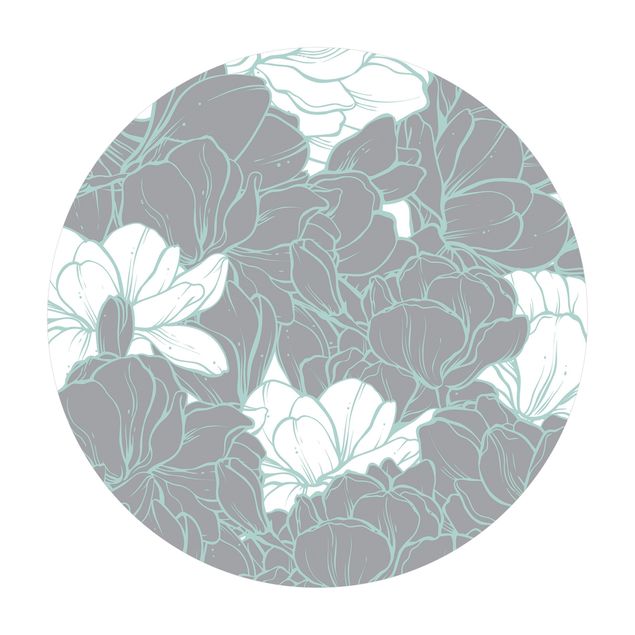 Runder Vinyl-Teppich - Magnolien Blütenmeer Weiß Grau Mint