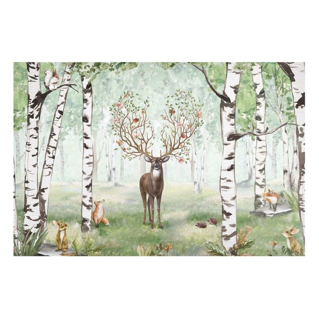 Wandbilder Tiere Majestätischer Hirsch im Birkenwald