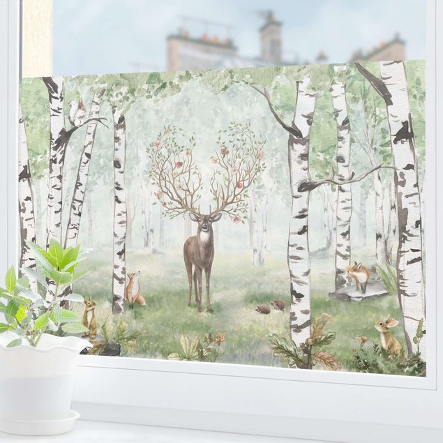 Fensterfolie - Sichtschutz - Majestätischer Hirsch im Birkenwald -  Fensterbilder