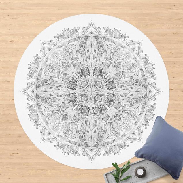 Aussen Teppich Mandala Aquarell Ornament schwarz weiß