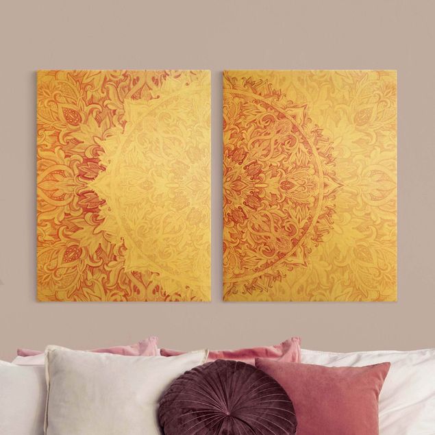 Moderne Leinwandbilder Wohnzimmer Mandala Aquarell Ornament Set beige pink