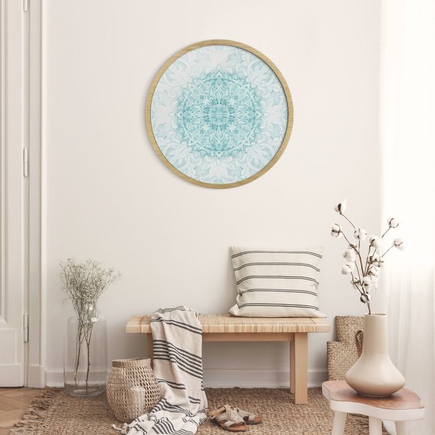 Rundes Gerahmtes Bild - Mandala Aquarell Ornament türkis