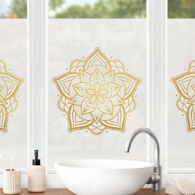 Fensterfolie Farbig Mandala Blüte Illustration weiß gold