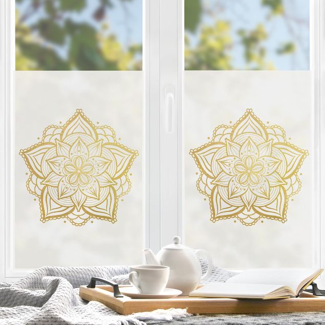 Fensterfolie Wohnzimmer Mandala Blüte Illustration weiß gold
