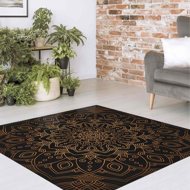 Moderner Teppich Mandala Blüte Muster gold schwarz