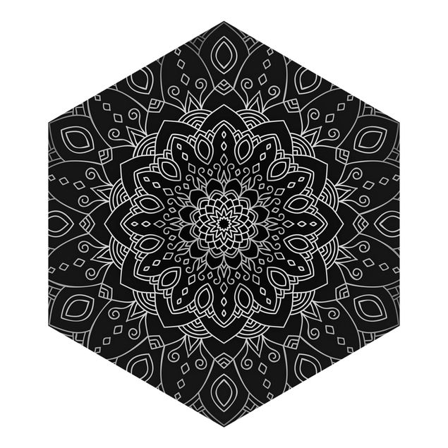 Hexagon Tapete Mandala Blüte Muster silber schwarz