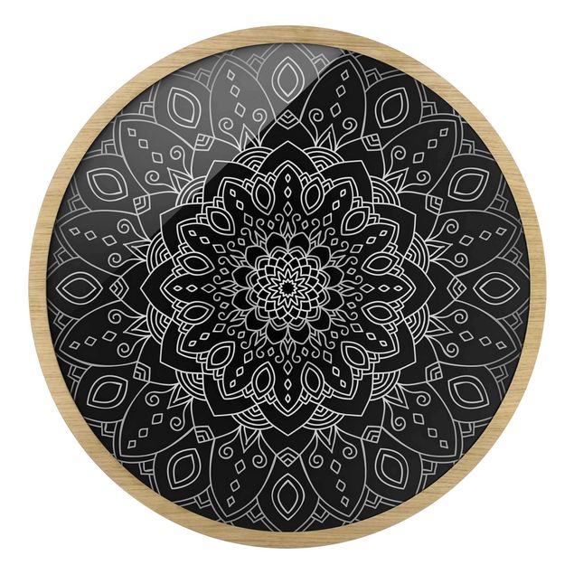 Rundes Gerahmtes Bild - Mandala Blüte Muster silber schwarz