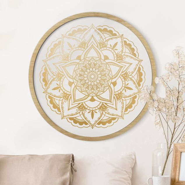 Rundes Gerahmtes Bild - Mandala Blume gold weiß