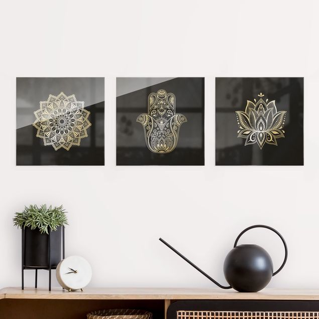 Glasbilder XXL Mandala Hamsa Hand Lotus Set auf Schwarz