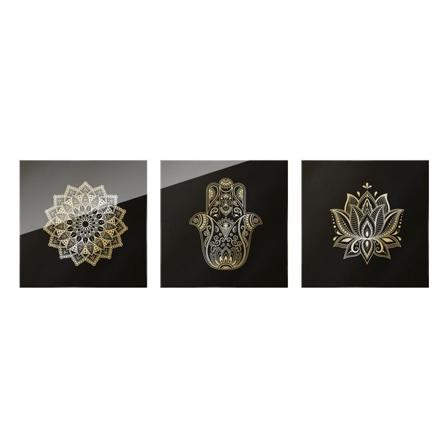 Glasbild mehrteilig - Mandala Hamsa Hand Lotus Set auf Schwarz 3-teilig