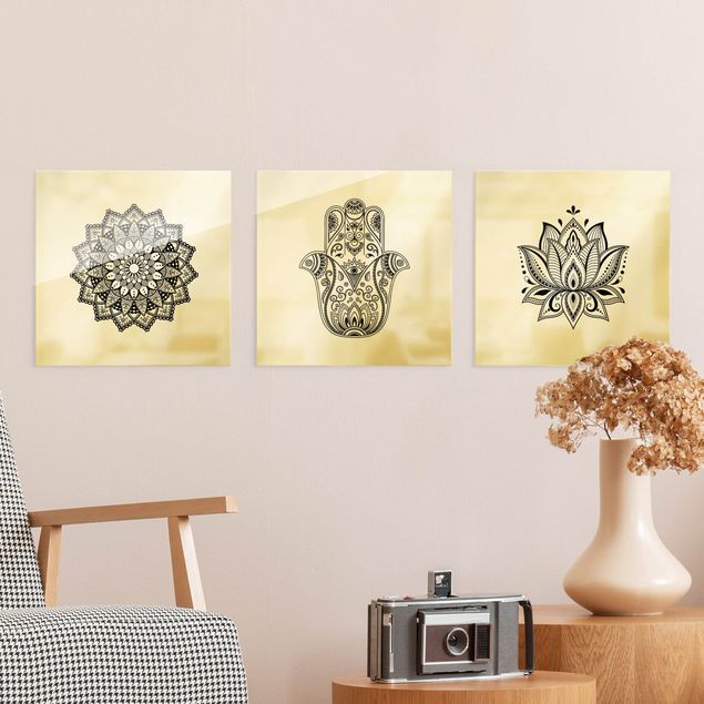 Glasbild Buddha Mandala Hamsa Hand Lotus Set auf Weiß
