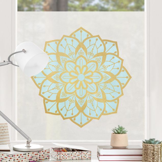 Fensterfolie Muster Mandala Illustration Blüte hellblau gold