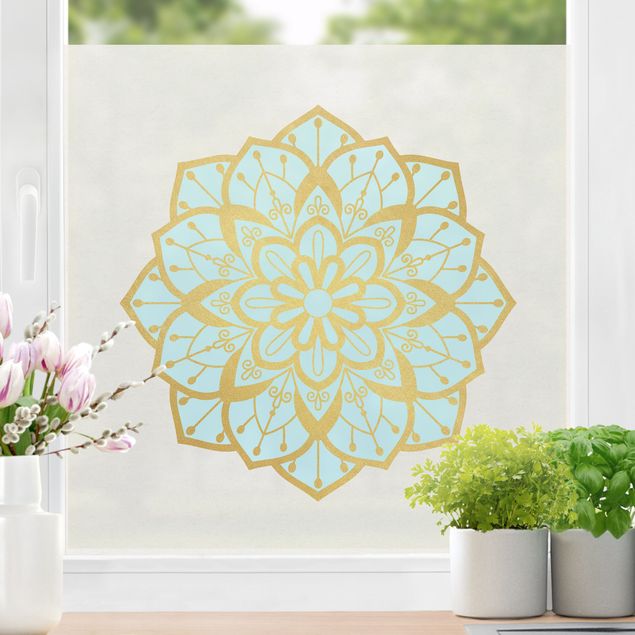 Fensterfolie Farbig Mandala Illustration Blüte hellblau gold