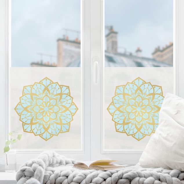 Fensterfolie Wohnzimmer Mandala Illustration Blüte hellblau gold