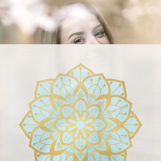 XXL Fensterbilder Mandala Illustration Blüte hellblau gold