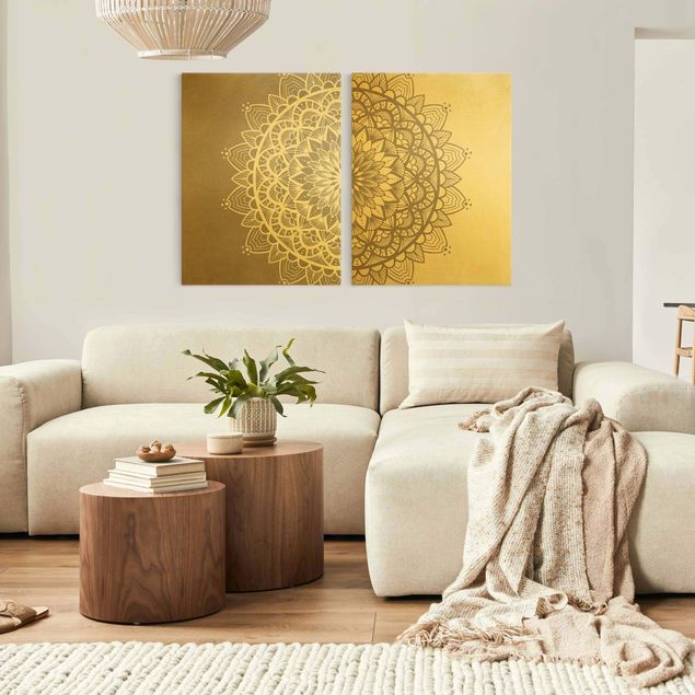 Moderne Leinwandbilder Wohnzimmer Mandala Illustration shabby Set beige weiß