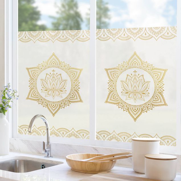 Fensterfolie Wohnzimmer Mandala Lotus Illustration Ornament weiß gold