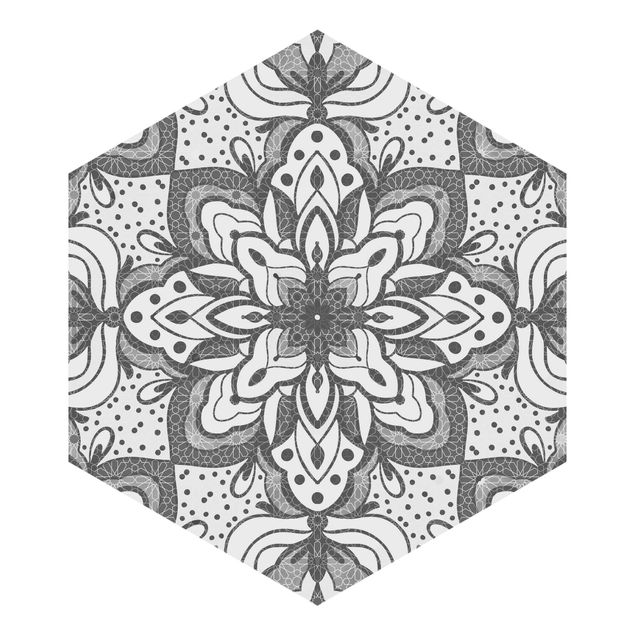 Tapete Hexagon Mandala mit Raster und Punkten in Grau