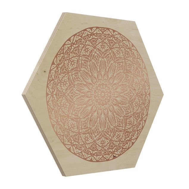 Hexagon-Holzbild - Mandala Ornament in Kupfergold