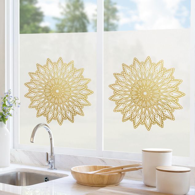 Fensterfolie Wohnzimmer Mandala Sonne Illustration weiß gold