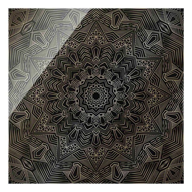 Glasbild - Mandala Stern Muster silber schwarz - Quadrat 1:1