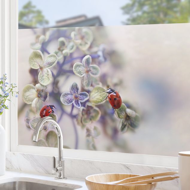 Fensterbilder selbstklebend Blumen Marienkäfer im Garten