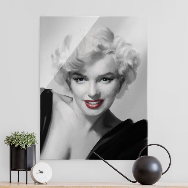 Glasbild Schwarz-Weiß Marilyn auf Sofa