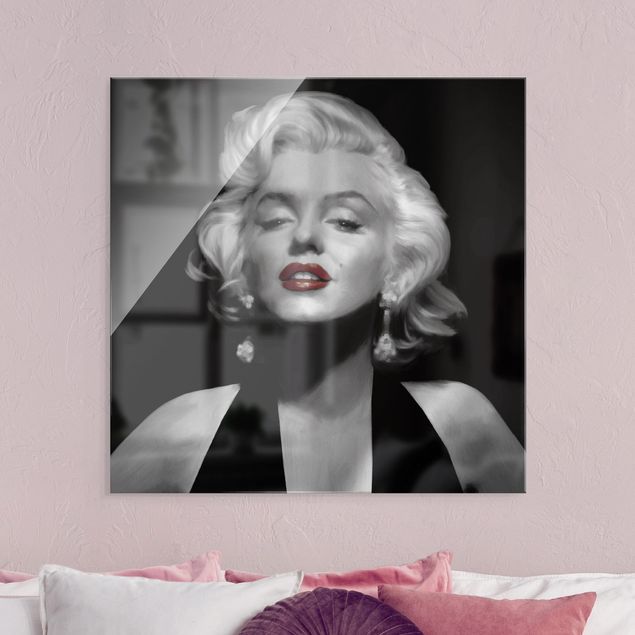 Glasbild Schwarz-Weiß Marilyn mit roten Lippen