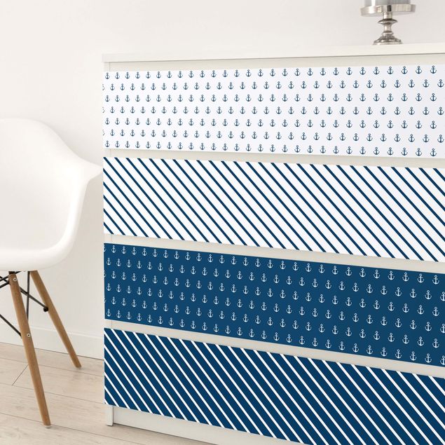 Selbstklebende Folie Muster Maritimes Anker Streifen Set - Polarweiss Preussisch Blau