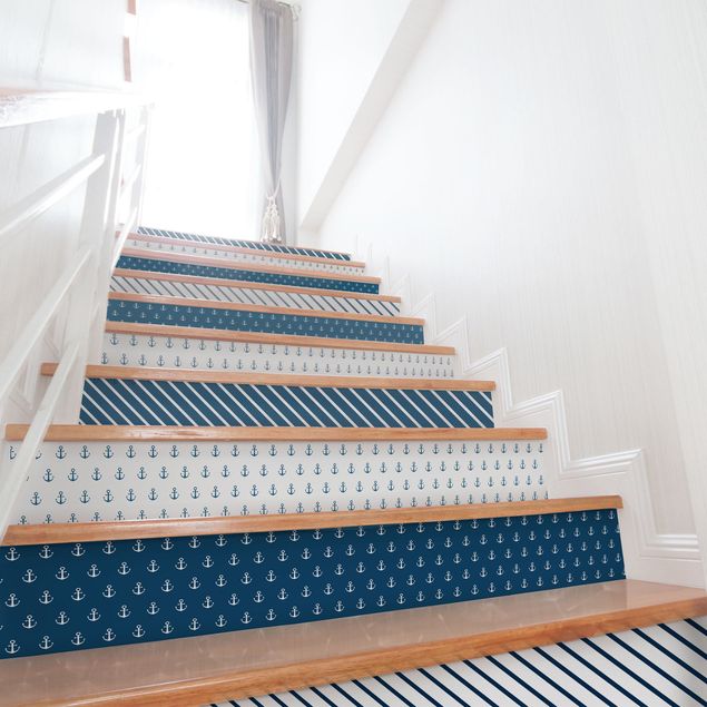 Selbstklebende Folie Wand Maritimes Anker Streifen Set - Polarweiss Preussisch Blau
