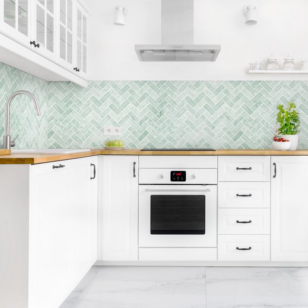 Küchenrückwand abstrakt Marmor Fischgräten Fliesen - Mint