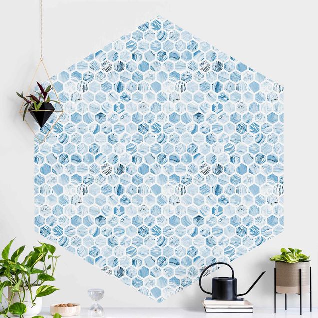 Tapete Aquarell Marmor Hexagone Blaue Schattierungen