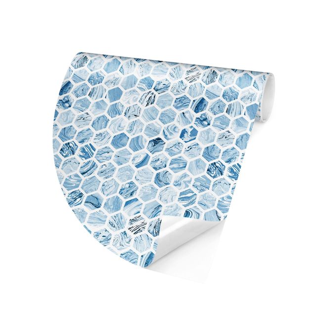 Tapete geometrische Muster Marmor Hexagone Blaue Schattierungen