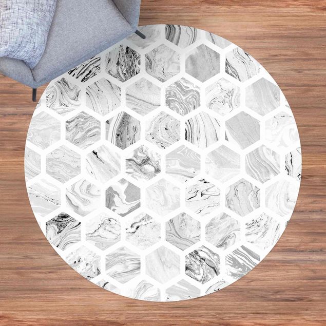 Aussen Teppich Marmor Hexagone in Graustufen