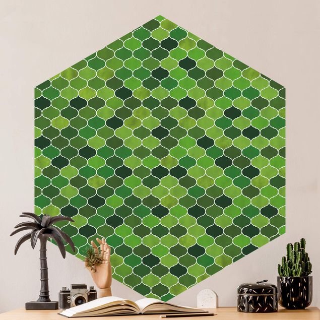 Geometrische Tapete Marokkanisches Aquarell Muster Grün