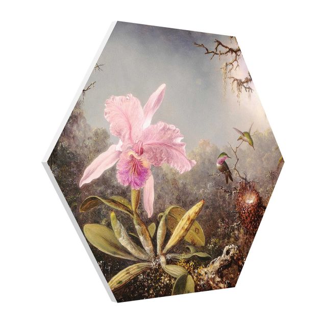 Schöne Wandbilder Martin Johnson Heade - Orchidee und drei Kolibris