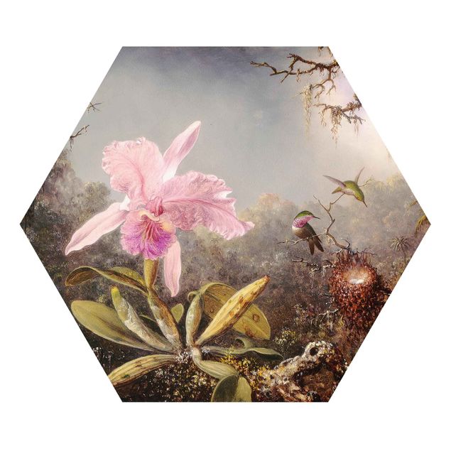Bilder Hexagon Martin Johnson Heade - Orchidee und drei Kolibris