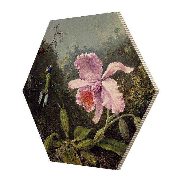 Hexagon-Holzbild - Martin Johnson Heade - Stillleben mit Orchidee und zwei Kolibris