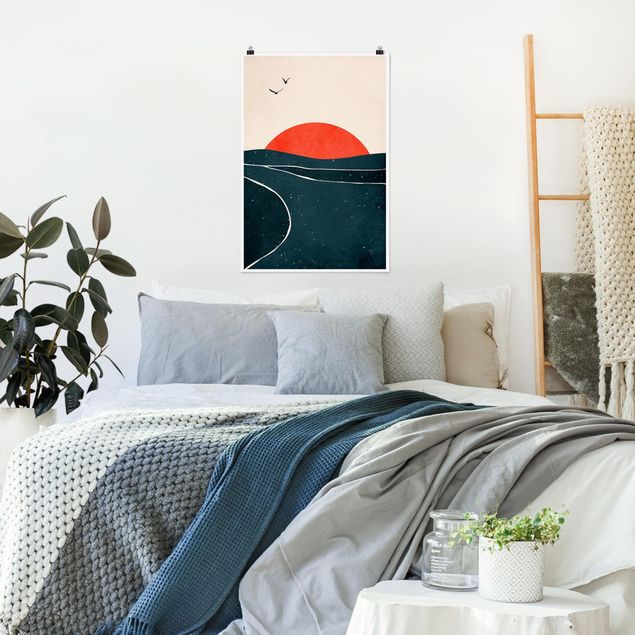 Poster Kunstdruck Meer vor rotem Sonnenuntergang