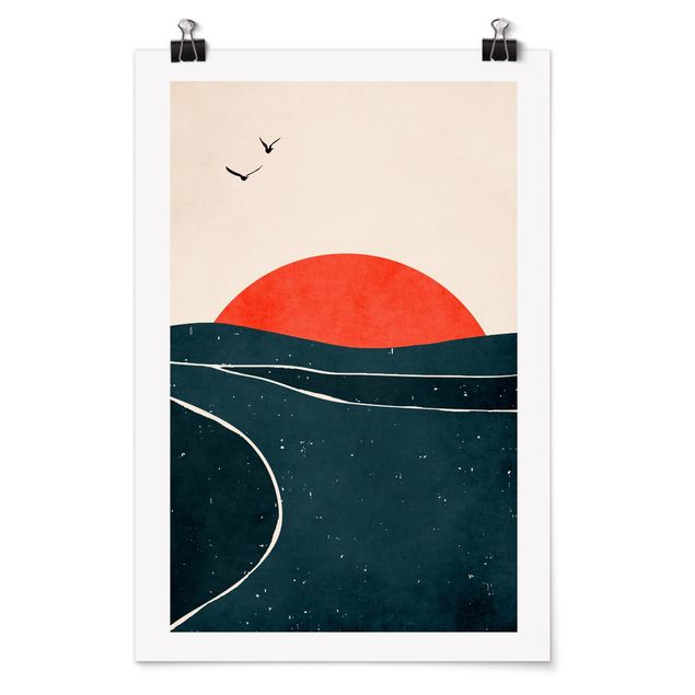 Tiere Poster Meer vor rotem Sonnenuntergang