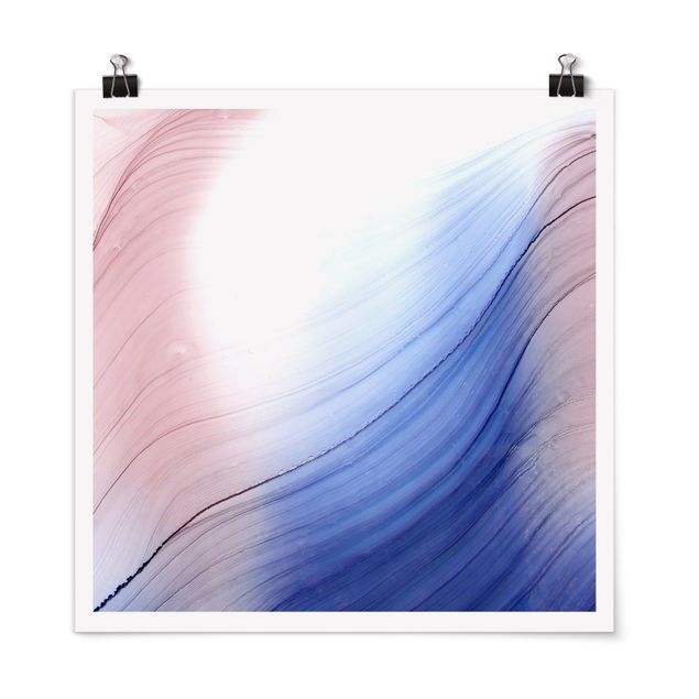 Abstrakte Kunst Poster Melierter Farbtanz Blau mit Rosa