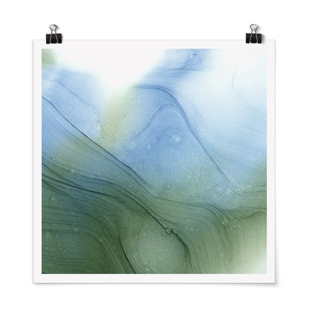 Poster abstrakte Kunst Meliertes Moosgrün mit Blau