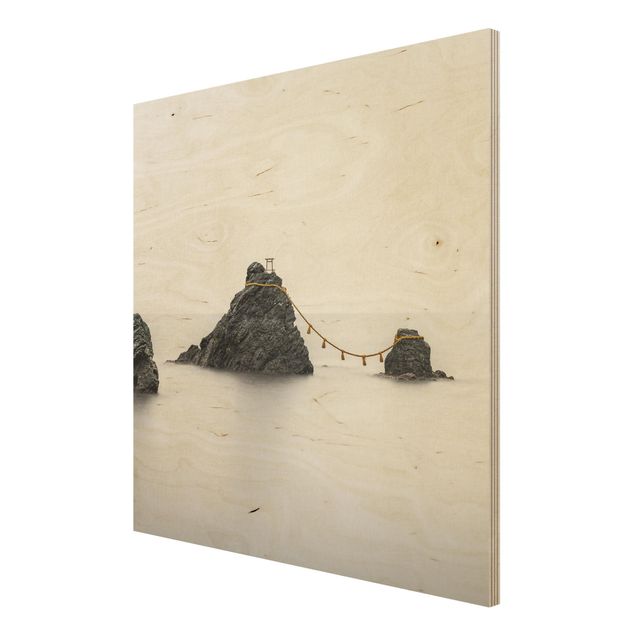 Holzbild Skyline Meoto Iwa - die verheirateten Felsen