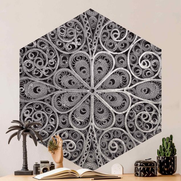 Moderne Tapeten Metall Ornamentik Mandala in Silber