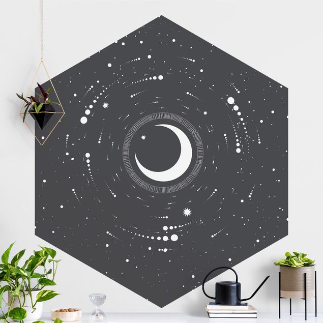Fototapete Schwarz-Weiß Mond im Sternenkreis