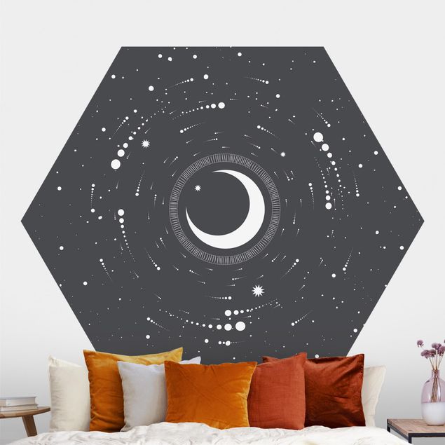 Hexagon Mustertapete selbstklebend - Mond im Sternenkreis