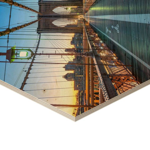 Hexagon Bild Holz - Morgenblick von der Brooklyn Bridge