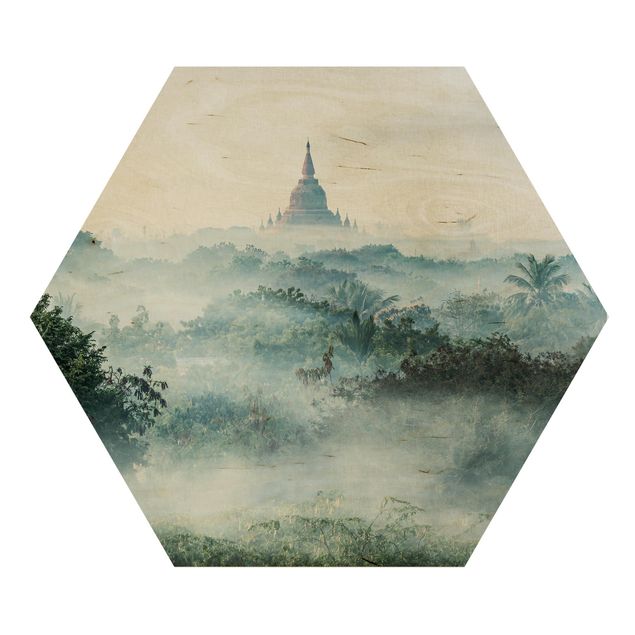 Hexagon Bild Holz - Morgennebel über dem Dschungel von Bagan