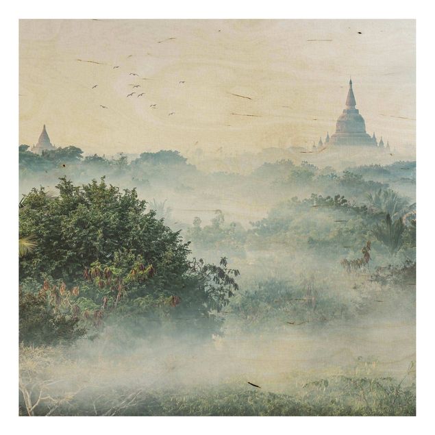 Holzbild - Morgennebel über dem Dschungel von Bagan - Quadrat